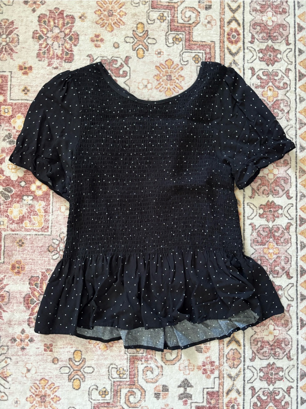 miami Black Short-Sleeve Smocked Peplum Top with White Dots